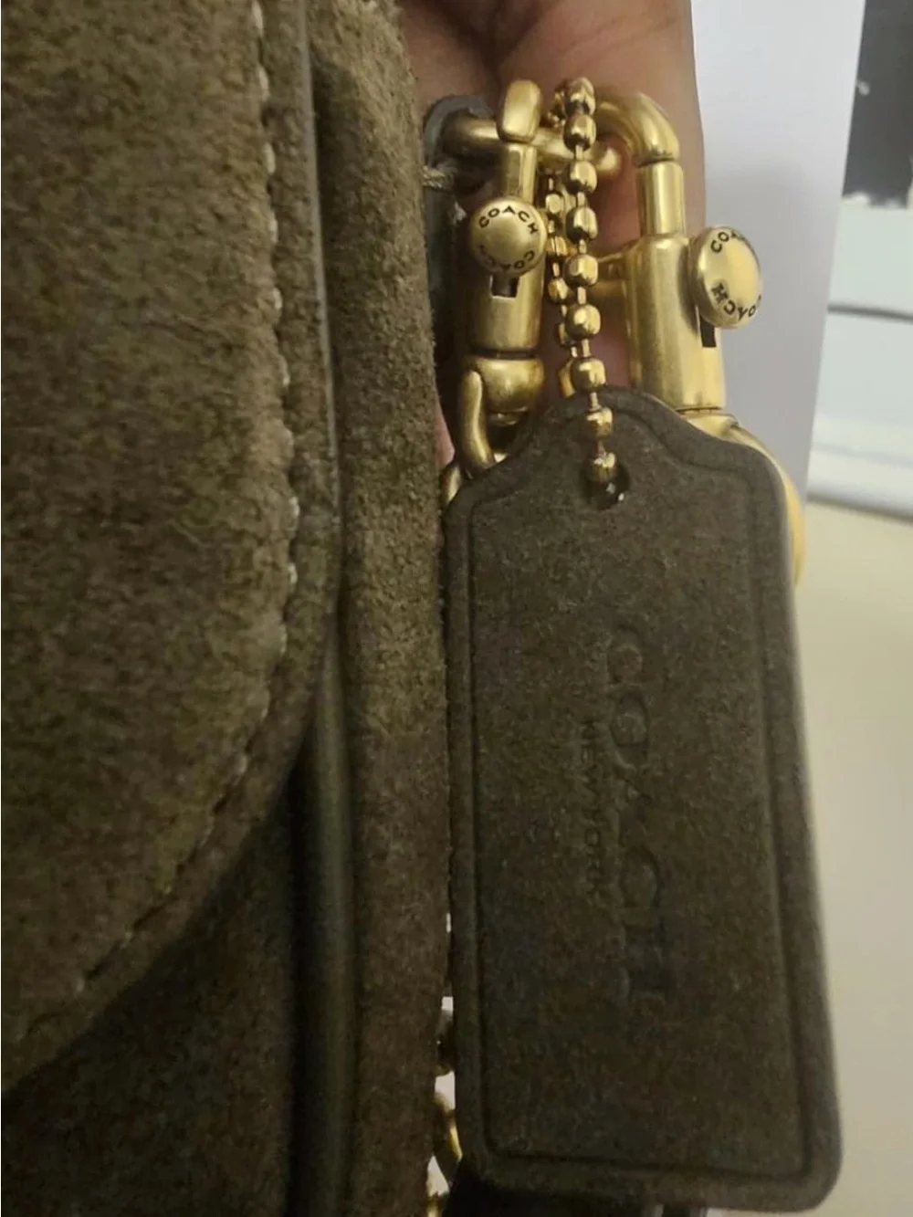 Coach Olive Green Suede Shoulder Bag with Gold Hardware